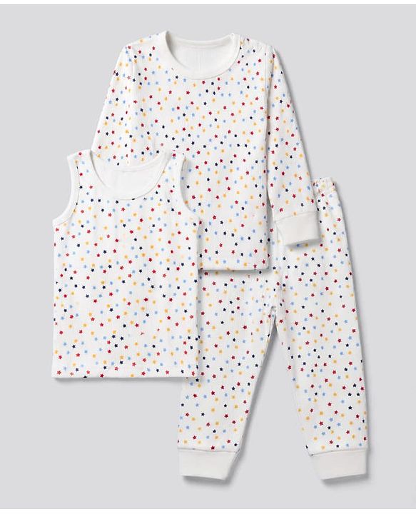 Babyhug Knit Full Sleeves Vests & Pant Thermal Inner Wear with Star Print - Offwhite