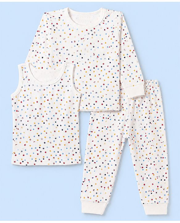 Babyhug Knit Full Sleeves Vests & Pant Thermal Inner Wear with Star Print - Offwhite