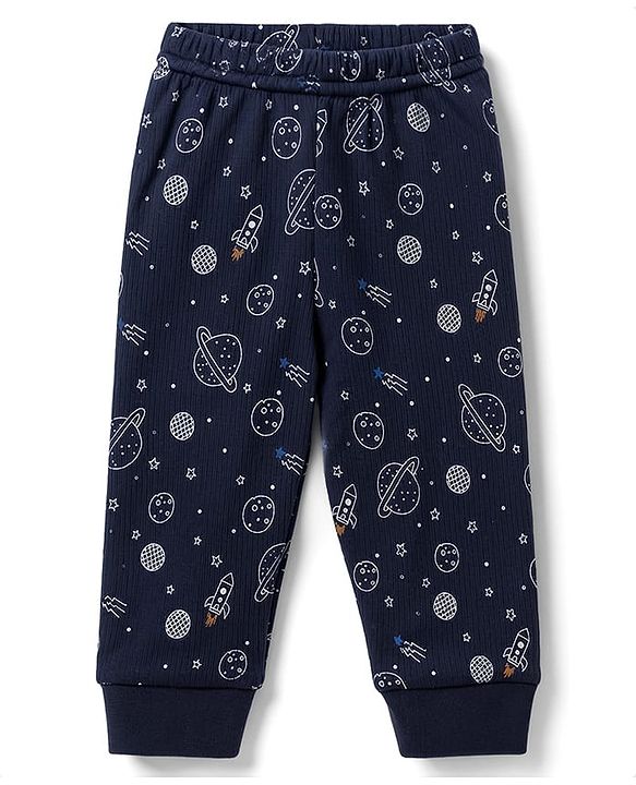 Babyhug Knit Full Sleeves Space Theme Printed Thermal Inner Wear Set - Navy