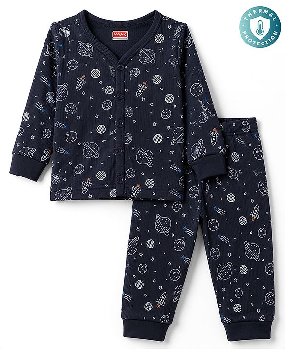 Babyhug Knit Full Sleeves Space Theme Printed Thermal Inner Wear Set - Navy