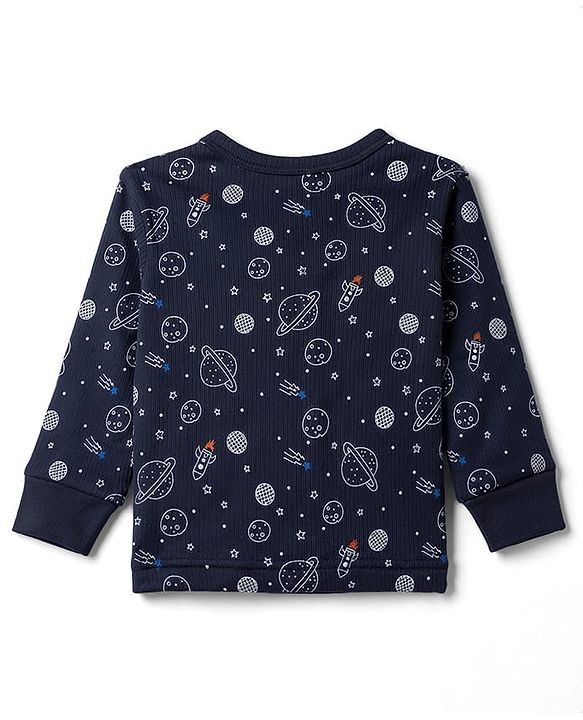 Babyhug Knit Full Sleeves Space Theme Printed Thermal Inner Wear Set - Navy