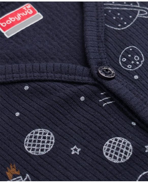 Babyhug Knit Full Sleeves Space Theme Printed Thermal Inner Wear Set - Navy