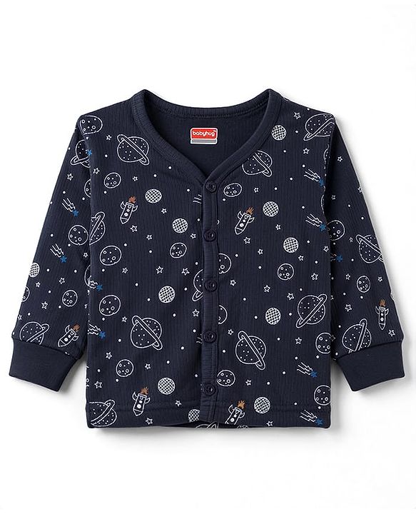 Babyhug Knit Full Sleeves Space Theme Printed Thermal Inner Wear Set - Navy