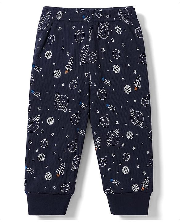 Babyhug Knit Full Sleeves Space Theme Printed Thermal Inner Wear Set - Navy