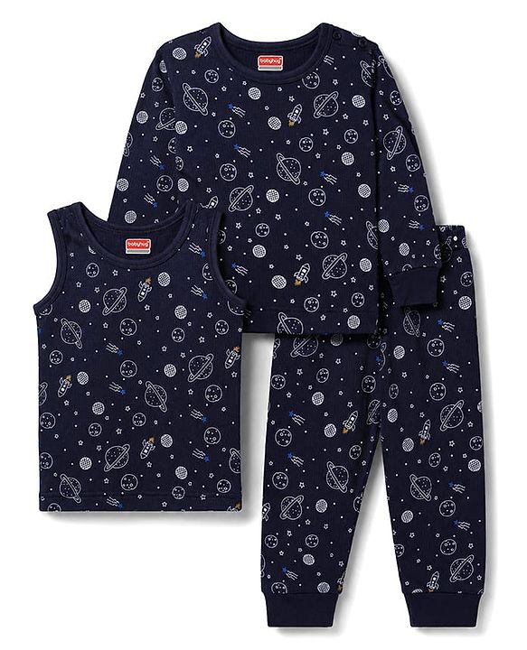 Babyhug Knit Full Sleeves Pullover Space Theme Printed Thermal Inner Wear Set with Vest - Charcoal Grey
