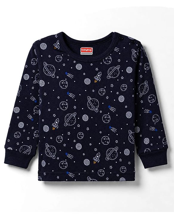 Babyhug Knit Full Sleeves Pullover Space Theme Printed Thermal Inner Wear Set with Vest - Charcoal Grey