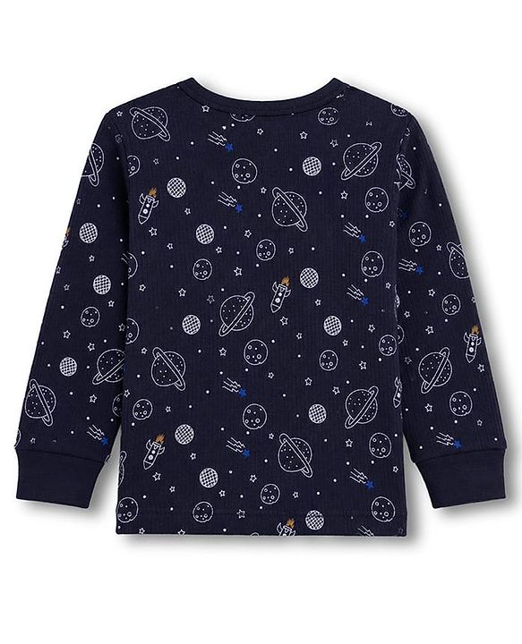 Babyhug Knit Full Sleeves Pullover Space Theme Printed Thermal Inner Wear Set with Vest - Charcoal Grey