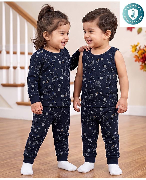 Babyhug Knit Full Sleeves Pullover Space Theme Printed Thermal Inner Wear Set with Vest - Charcoal Grey