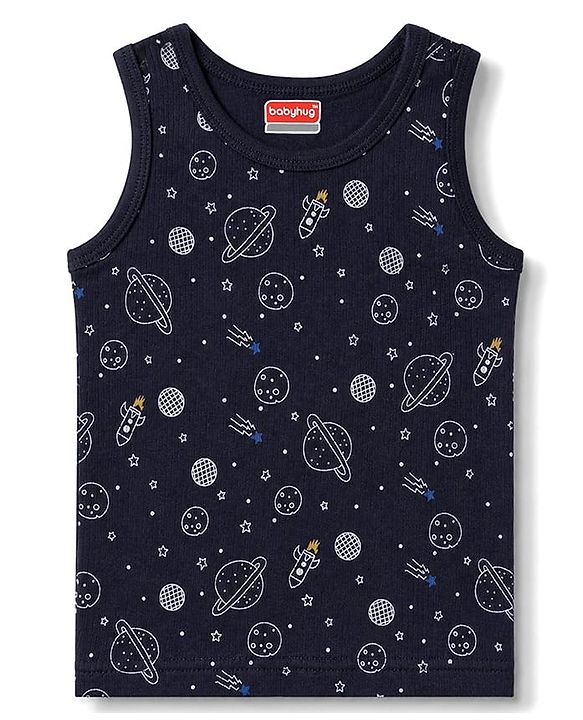 Babyhug Knit Full Sleeves Pullover Space Theme Printed Thermal Inner Wear Set with Vest - Charcoal Grey