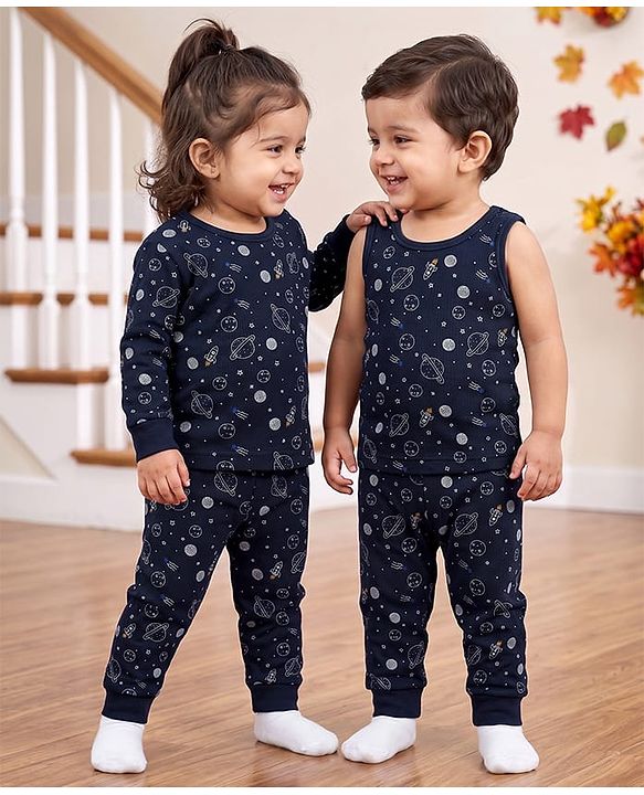 Babyhug Knit Full Sleeves Pullover Space Theme Printed Thermal Inner Wear Set with Vest - Charcoal Grey