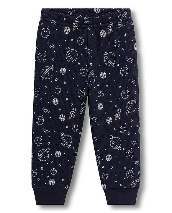 Babyhug Knit Full Sleeves Pullover Space Theme Printed Thermal Inner Wear Set with Vest - Charcoal Grey