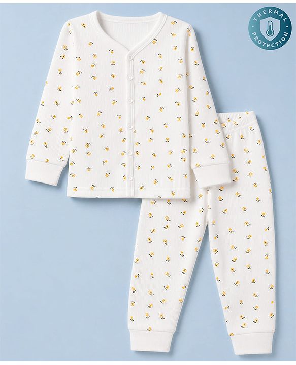 Babyhug Knit Full Sleeves Floral Printed Co-Ords Thermal Inner Wear Set - OffWhite