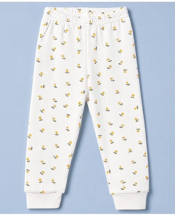 Babyhug Knit Full Sleeves Floral Printed Co-Ords Thermal Inner Wear Set - OffWhite