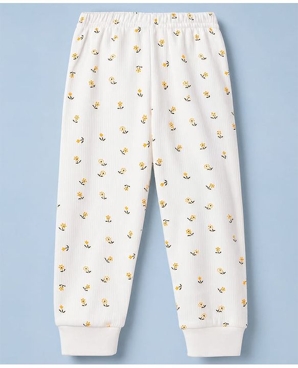 Babyhug Knit Full Sleeves Floral Printed Co-Ords Thermal Inner Wear Set - OffWhite