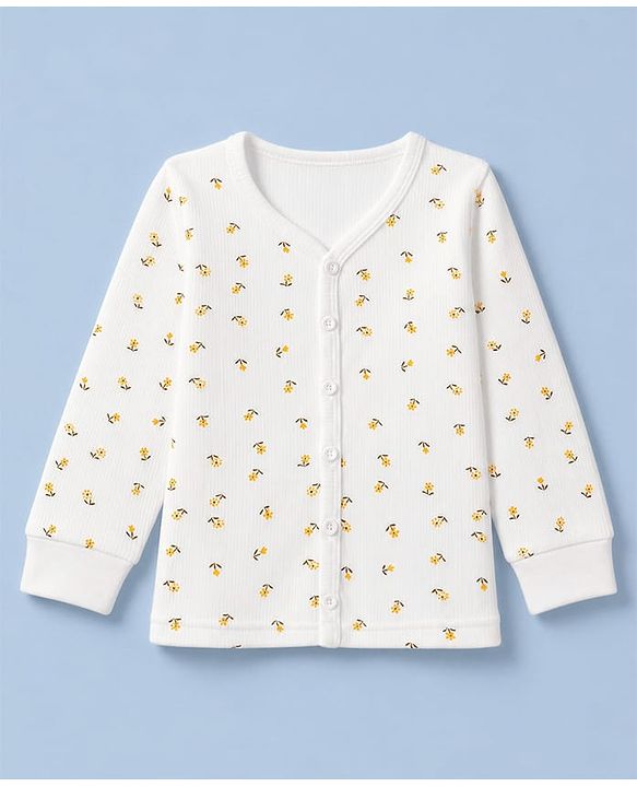 Babyhug Knit Full Sleeves Floral Printed Co-Ords Thermal Inner Wear Set - OffWhite