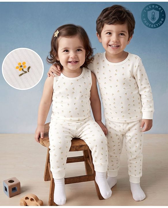 Babyhug Knit Full Sleeves Floral Printed 3 pcs Pullover, Vest & Legging Thermal Wear - Offwhite