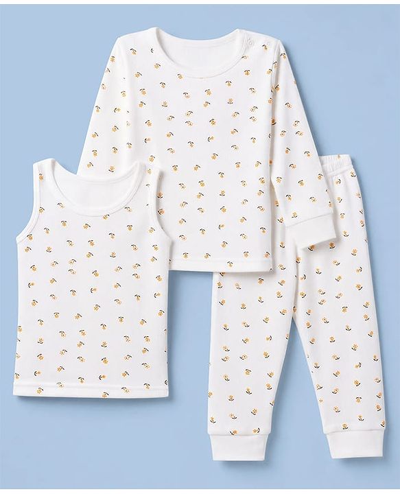 Babyhug Knit Full Sleeves Floral Printed 3 pcs Pullover, Vest & Legging Thermal Wear - Offwhite