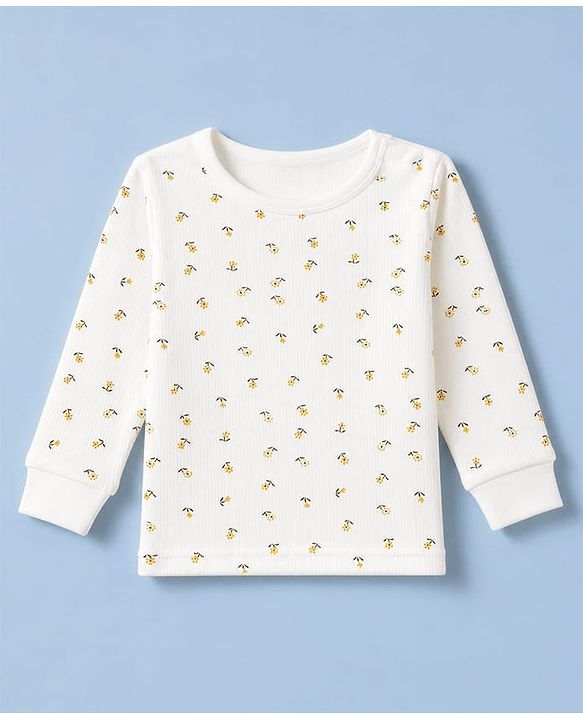 Babyhug Knit Full Sleeves Floral Printed 3 pcs Pullover, Vest & Legging Thermal Wear - Offwhite