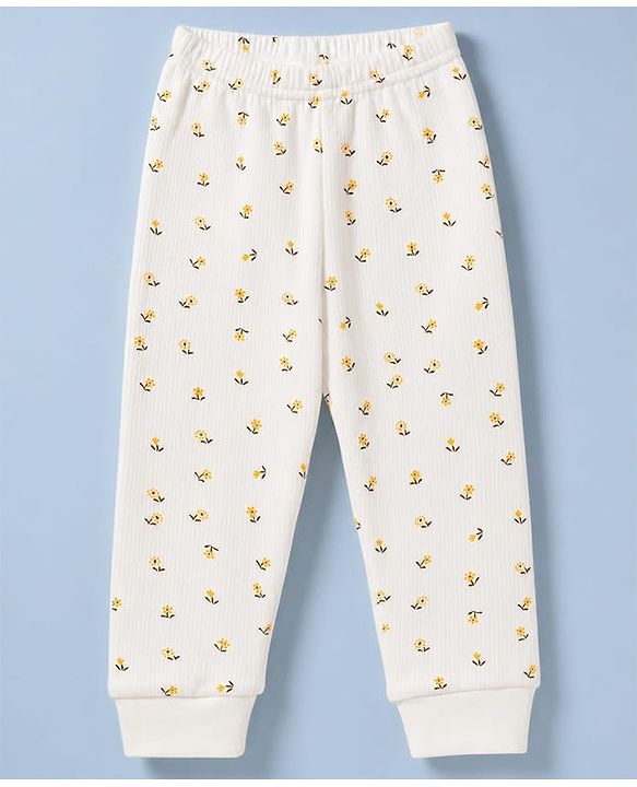 Babyhug Knit Full Sleeves Floral Printed 3 pcs Pullover, Vest & Legging Thermal Wear - Offwhite
