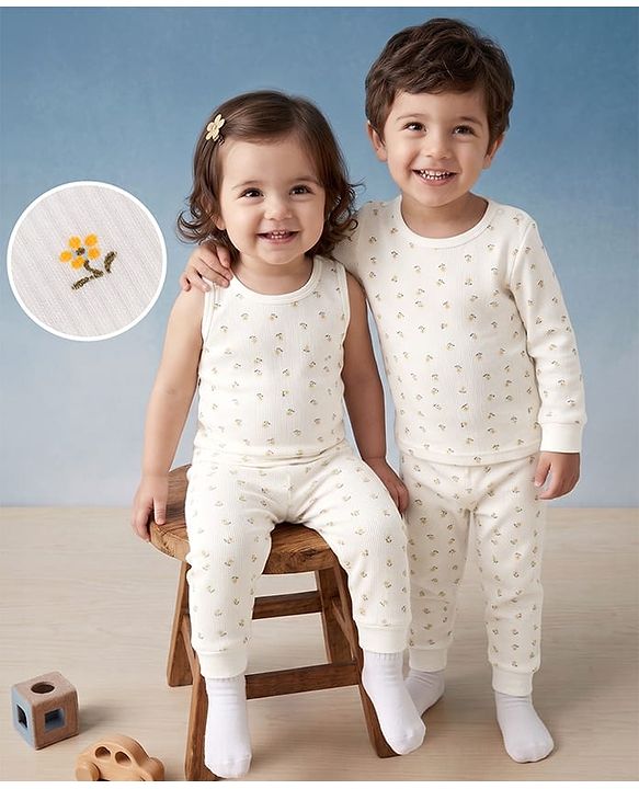 Babyhug Knit Full Sleeves Floral Printed 3 pcs Pullover, Vest & Legging Thermal Wear - Offwhite