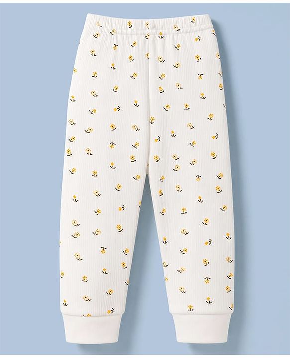 Babyhug Knit Full Sleeves Floral Printed 3 pcs Pullover, Vest & Legging Thermal Wear - Offwhite