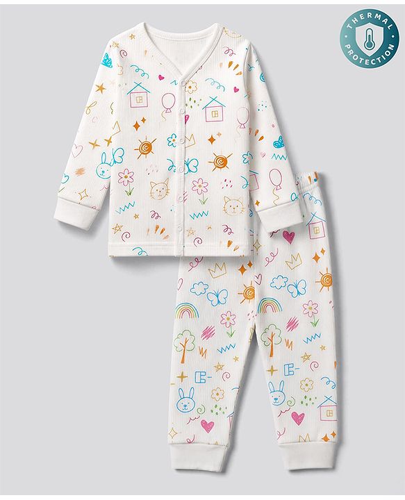Babyhug Knit Full Sleeves Vest & Pant Thermal Inner Wear with Home Sun Floral Kitten Print - Offwhite