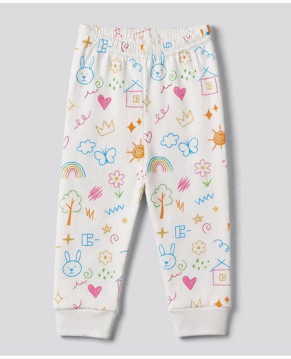 Babyhug Knit Full Sleeves Vest & Pant Thermal Inner Wear with Home Sun Floral Kitten Print - Offwhite
