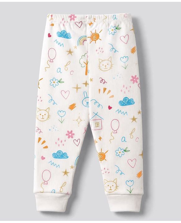 Babyhug Knit Full Sleeves Vest & Pant Thermal Inner Wear with Home Sun Floral Kitten Print - Offwhite