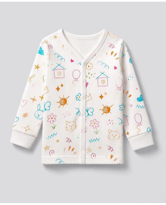 Babyhug Knit Full Sleeves Vest & Pant Thermal Inner Wear with Home Sun Floral Kitten Print - Offwhite