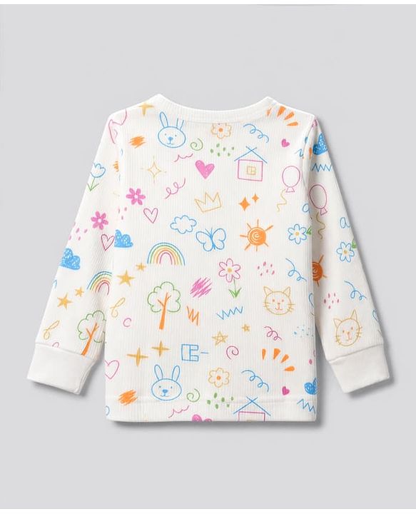 Babyhug Knit Full Sleeves Vest & Pant Thermal Inner Wear with Home Sun Floral Kitten Print - Offwhite