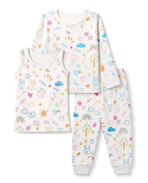 Babyhug Knit Full Sleeves Vests & Pant Thermal Inner Wear with Home Sun Floral Kitten Print - Offwhite