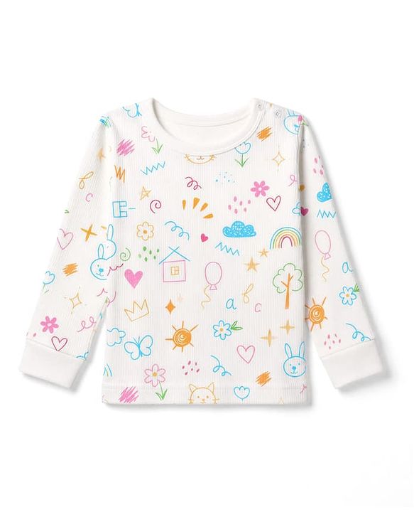 Babyhug Knit Full Sleeves Vests & Pant Thermal Inner Wear with Home Sun Floral Kitten Print - Offwhite