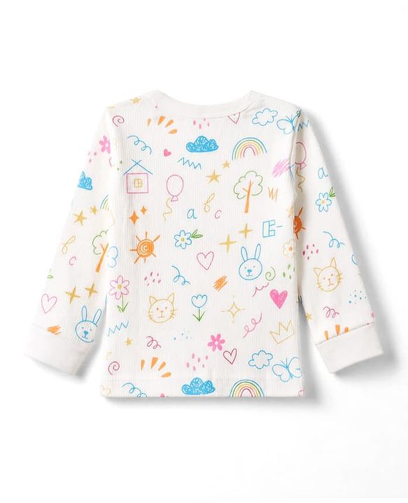 Babyhug Knit Full Sleeves Vests & Pant Thermal Inner Wear with Home Sun Floral Kitten Print - Offwhite
