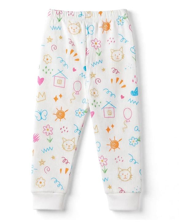 Babyhug Knit Full Sleeves Vests & Pant Thermal Inner Wear with Home Sun Floral Kitten Print - Offwhite