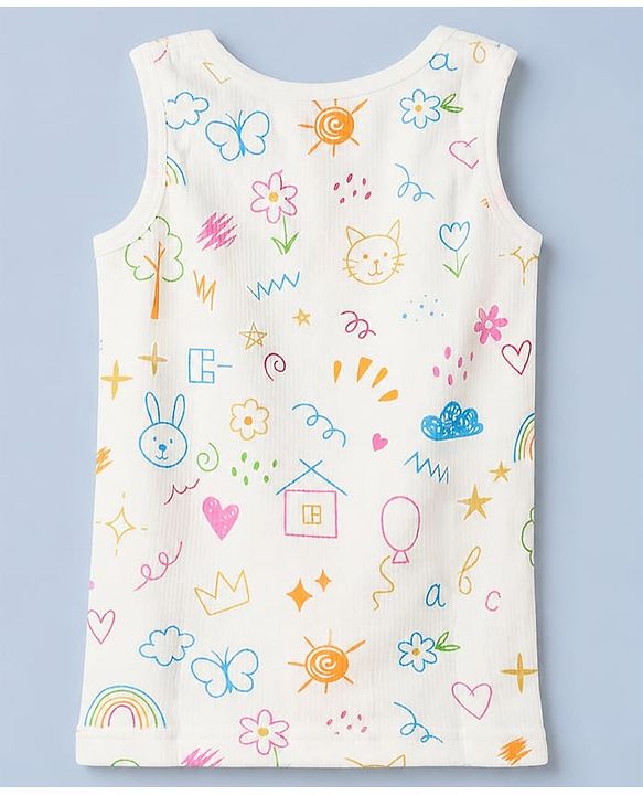 Babyhug Knit Full Sleeves Vests & Pant Thermal Inner Wear with Home Sun Floral Kitten Print - Offwhite