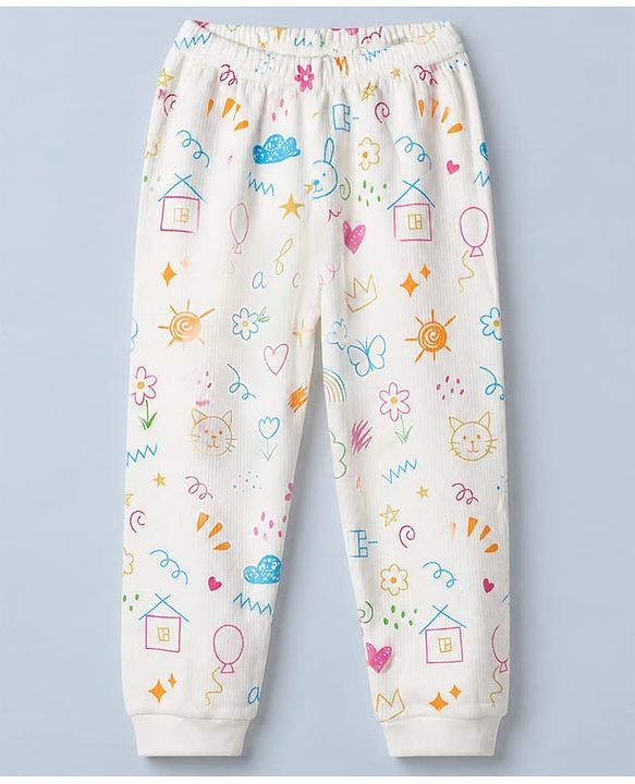 Babyhug Knit Full Sleeves Vests & Pant Thermal Inner Wear with Home Sun Floral Kitten Print - Offwhite