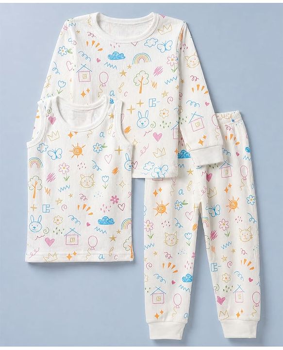 Babyhug Knit Full Sleeves Vests & Pant Thermal Inner Wear with Home Sun Floral Kitten Print - Offwhite