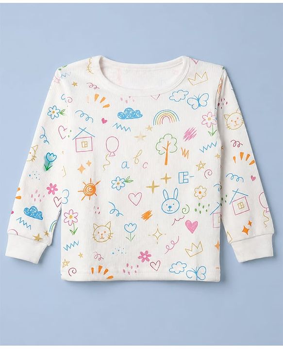 Babyhug Knit Full Sleeves Vests & Pant Thermal Inner Wear with Home Sun Floral Kitten Print - Offwhite
