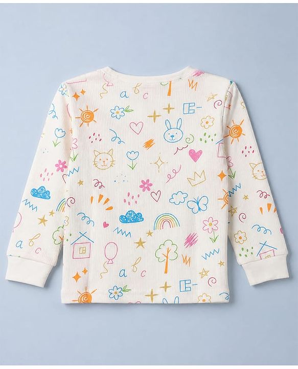 Babyhug Knit Full Sleeves Vests & Pant Thermal Inner Wear with Home Sun Floral Kitten Print - Offwhite