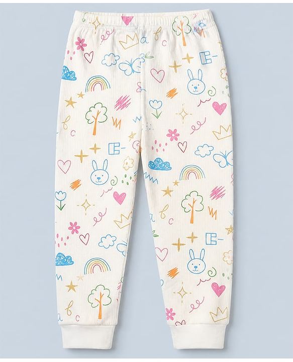 Babyhug Knit Full Sleeves Vests & Pant Thermal Inner Wear with Home Sun Floral Kitten Print - Offwhite