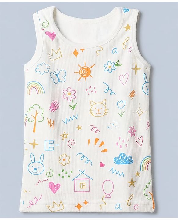 Babyhug Knit Full Sleeves Vests & Pant Thermal Inner Wear with Home Sun Floral Kitten Print - Offwhite