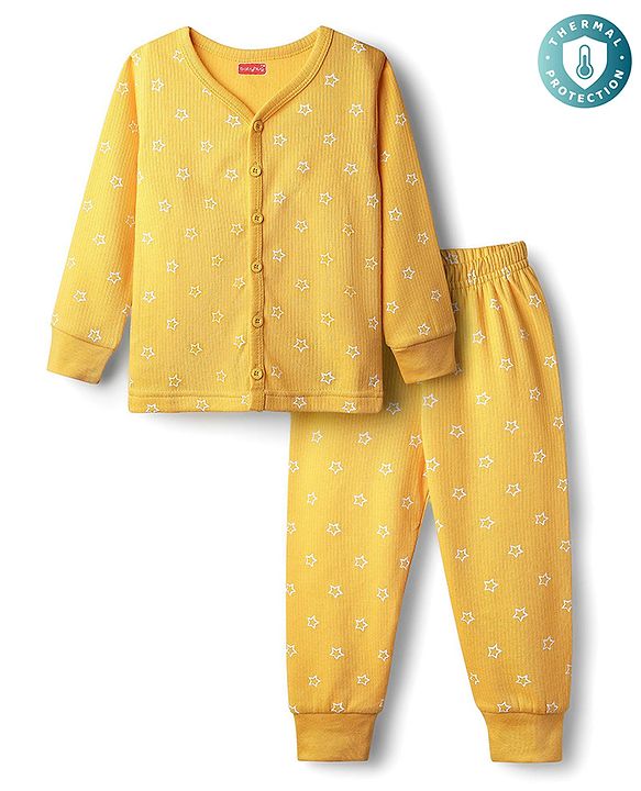 Babyhug Knit Full Sleeves Star Printed Thermal Inner Wear Set - Yellow