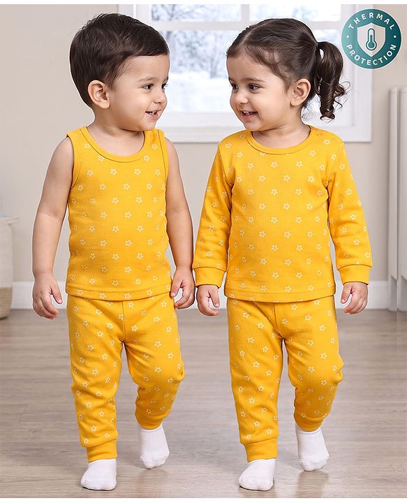 Babyhug Knit Full Sleeves Pullover Star Printed Thermal Inner Wear Set with Vest - Yellow