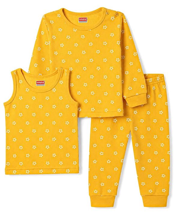 Babyhug Knit Full Sleeves Pullover Star Printed Thermal Inner Wear Set with Vest - Yellow