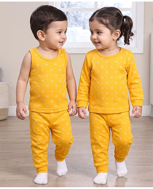Babyhug Knit Full Sleeves Pullover Star Printed Thermal Inner Wear Set with Vest - Yellow