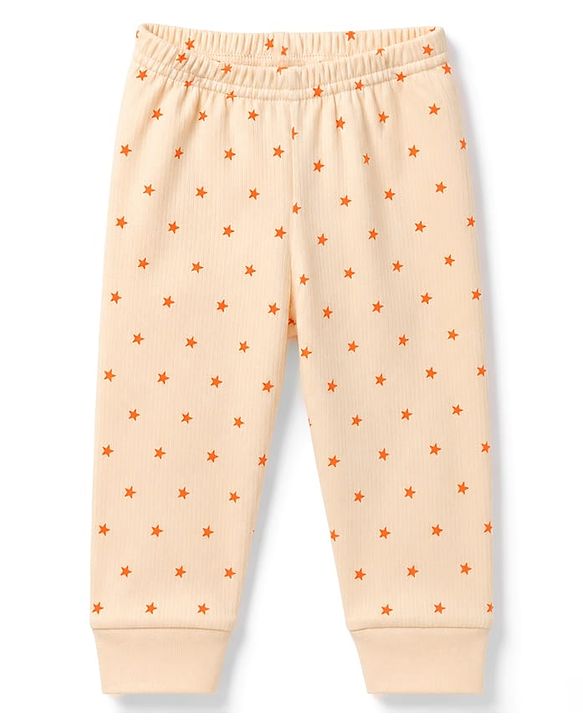 Babyhug Knit Full Sleeves Front Open Thermal Inner Wear Set with star Print - Light Peach