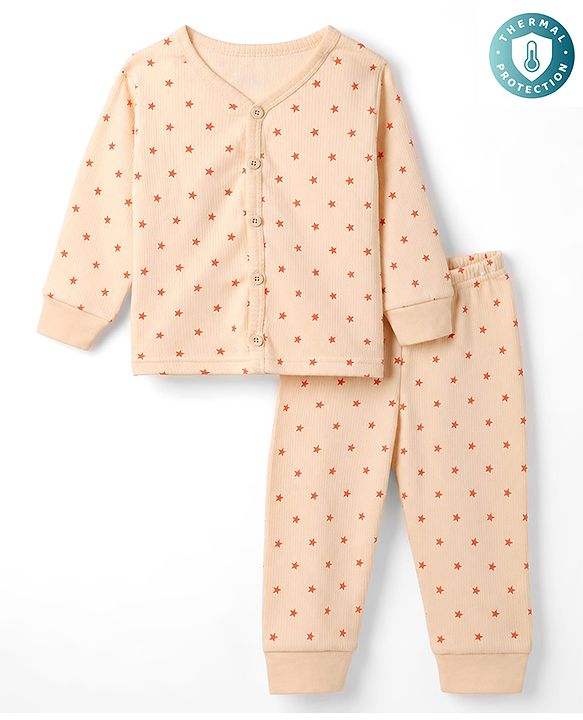 Babyhug Knit Full Sleeves Front Open Thermal Inner Wear Set with star Print - Light Peach