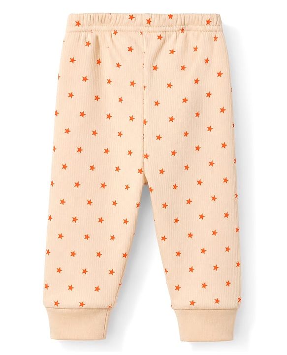 Babyhug Knit Full Sleeves Front Open Thermal Inner Wear Set with star Print - Light Peach