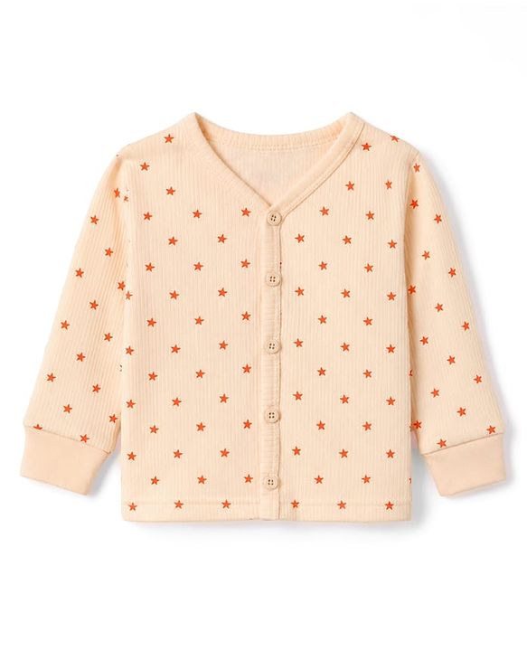 Babyhug Knit Full Sleeves Front Open Thermal Inner Wear Set with star Print - Light Peach