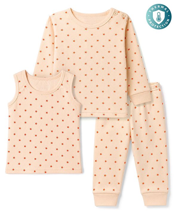 Babyhug Knit Full Sleeves Thermal Inner Wear Set with Star Print & Vest - Light Peach